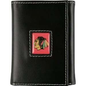  Chicago Blackhawks Black Leather Tri Fold Wallet: Sports 