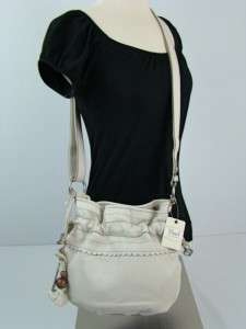   bag bag features pebbled cream colored leather brushed silver