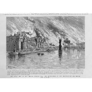 Great Fire At Chicago World Fair Antique Print 1894 