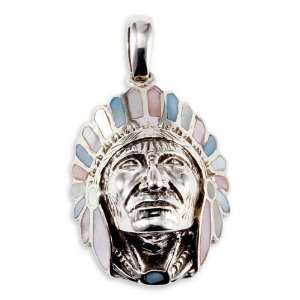  925 Silver Mother of Pearl American Indian Head Pendant Jewelry