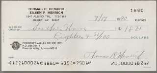 Tommy Henrich Autographed Signed Personal Check Authentic RARE New 