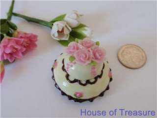 Miniature Food **2 TIER BIRTHDAY CAKE & PINK ROSES**  