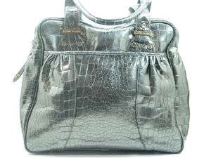 ELAINE TURNER Pewter Silver Patent Croco Leather Handbag Tote Satchel 