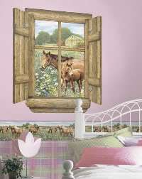 View of Horses through Log Window Peel & Stick Mural  