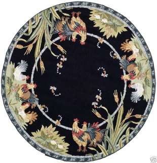 Hand hooked Roosters Black Wool Area Rug 4 Round  