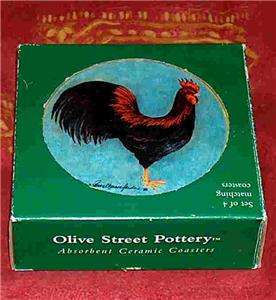 Olive Street Pottery Ceramic Rooster Round Coasters Set of 4  