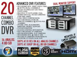 New 20 Ch Combo Hybrid DVR Server 16 CH @ 704 x 480 Res. and 4 CH HD 