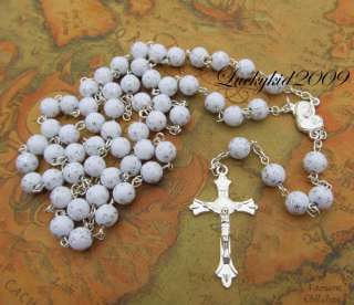 Jesus Alloy Cross Rosary Rosario Pendant Chain White Pearl Round Bead 
