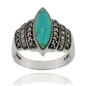 Sterling Silver Marcasite and Lab Created Turquoise Marquis Ring, Size 