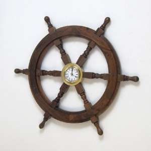 Nautical 24 Teak Wood Ships Steering Wheel Clock Brass  