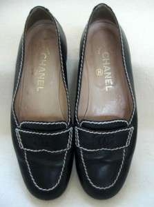 CHANEL Navy Loafers Shoes w/Chanel logo Size 36.5 / 6.5 US  