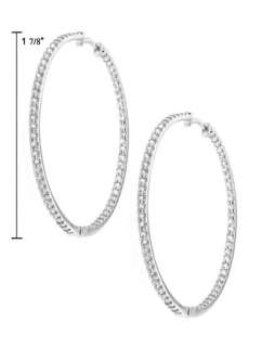Sterling Silver 925 Clear CZ 1 7/8 Large Hoop Earrings  