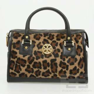   Tan Leopard Print Pony Hair & Black Leather Trim Bowling Bag  