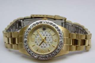 New Elgin Womens Crystals Gold Steel Dress Watch Date EG078