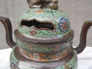 Old Chinese 10China bronze cloisonne fancy carved Foo dogs censer 