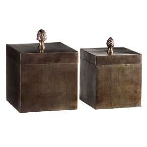  Set of 2 Archaic Square Brass Lidded Storage Containers 