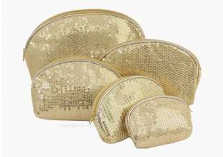 Gold Sequin Sparkle Makeup Cosmetic Bag Pouch 5 Piece Set  