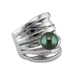   Ring Band with 3/4 Cut Tahitian Black Pearl Accent Pearlzzz Jewelry