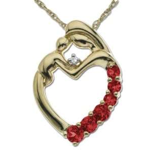 14k Yellow Gold Created Ruby and Diamond Mother Holding Child Pendant 