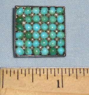 Victorian Silver Pin w Turquoise & Seed Pearls 1 square  