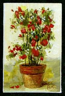 OIL PAINTING SUPERB MINIATURE STILL LIFE RED ROSES POT  
