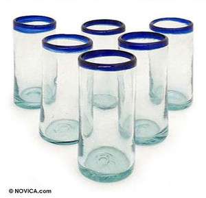 Mexican Hand Blown Drinking Glasses Set of 6 ~ Blue Rim  