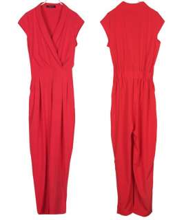 Womens V Neck Cap Sleeve Jumpsuits Rompers catsuit Long Pants Red 