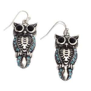  Fashion Owl Earrings; 1.5L; Burnished Silver Metal; Blue 