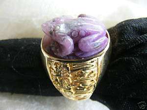 SUPERB CARVED SUGILITE FROG RING GOLD PLATED SILVER  