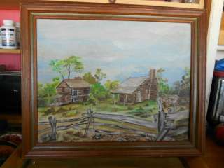 60s vintage folk art painting,log cabins,covered wagon,split rail 