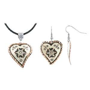   Black Enamel Heart Shaped Floral Earrings and Necklace Set: Jewelry