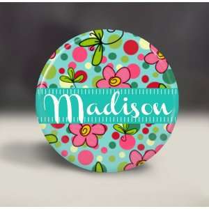  Personalized Pocket Mirror   Blue w/ Pink Girly Flowers 