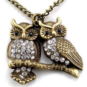 Vintage Retro Style Diamante 2 Owl Pendant Necklace N203  