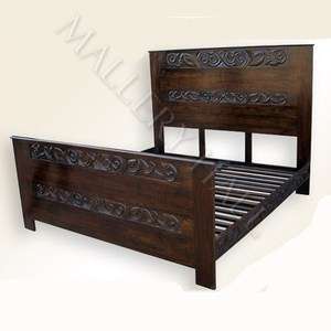 Old World India Espresso Brown Queen Carved Panel Bed Solid Acacia 