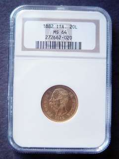1882 ITALY 20 Lire NGC MS 64 GOLD COIN  