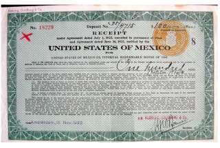 Mexican Mexico United States 1923 Receipt $100 Pesos Bond Share Loan 