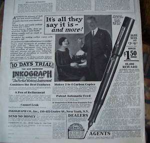 1928 Antique Inkograph Ink o graph Fountain Pen Ad  