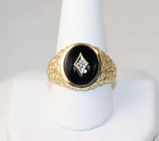 Mens 10k Yellow Gold Black Onyx & Diamond Nugget Ring SIZE 10  