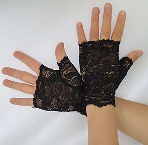 80s 70s 20s Party Fingerless Goth Gothic Punk Lace Cuff Gloves Black 