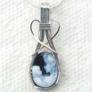 Mother Child Fine Agate Cameo Pendant Sterling Silver Jewelry  