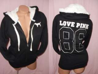   Secret LOVE PINK 86 FAUX FUR Logo HOODIE Sweatshirt NWT M  