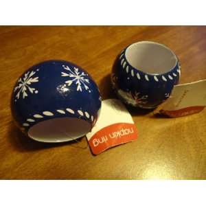   Band Blue painted wood napkin rings with white Snowflakes   set of 2