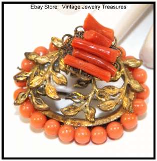 Vintage Lucite & Branch Coral Gold Filigree Pin  