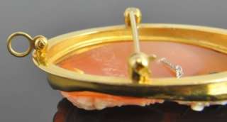   14K Gold Carved Shell Cameo Art Deco Diamond Brooch Pin Pendant  