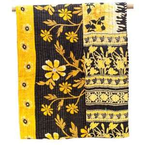 Kantha Quilted Recycled Sari Throw   Black & Yellow 
