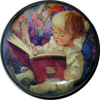 Child Reading Book Crystal Dome Button 1 & 3/8 SD 14  