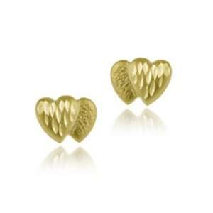  14k Gold Double Heart Diamond Cut Stud Earrings: Jewelry