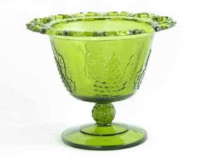   Indiana Green Glass Comport Compote Lace Edge Dish Grape Vines  
