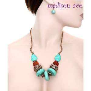  Round Turquoise Stones Copper Tone Necklace & Earring Set 