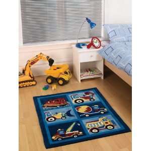 Childrens Kids Soft Rug in Blue Navy Colour Trucks Design Carpet 80 x 